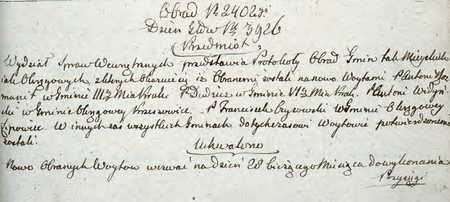 Z sentencjonarza obrad Senatu Rządzącego Wolnego Miasta Krakowa wpis z 1821 r.
dotyczący wójta Stanisława Dudzicza
(Archiwum Narodowe w Krakowie, sygn. WMK IV-8, s. 703)