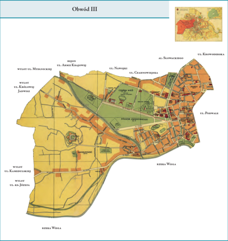 Obwód III według stanu z roku 1938 na przywołanym wcześniej planie miasta z ok. 1939 r. – dzielnica zwierzyniecka, z Piaskiem,
Nowym Światem, Półwsiem Zwierzynieckim, Zwierzyńcem i Czarną Wsią. Wyliczone tu tereny stanowiły odrębne dzielnice katastralne,
kształtując więc powierzchnię tej dzielnicy administracyjnej co do zasady posłużono się biegiem zewnętrznych granic tych właśnie dzielnic
katastralnych. W przyszłości obszar ten stanie się trzonem powstałej w 1954 r. dużej dzielnicy administracyjnej Zwierzyniec. Tereny
położone między Alejami Trzech Wieszczów a Plantami będą oczekiwały na przyłączenie do dzielnicy śródmiejskiej aż do roku 1973.
Użyte przy powyższym planie dzielnicy nazwy terenowe podano według nazewnictwa obowiązującego aktualnie.