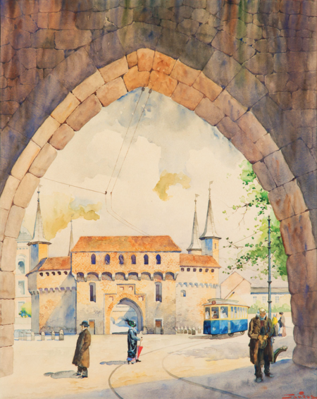 (103) Akwarela Stanisława Tondosa Barbakan w Krakowie, pochodząca z początku XX w. Wśród zabytków uwieczniono linię tramwajową,
od 1901 r. zelektryfikowaną, prowadzącą z Dworca Kolejowego ulicami Lubicz, Basztową, Floriańską, przez Rynek Główny, dalej ulicami Grodzką,
Stradom, Krakowską, przez plac Wolnica i ul. Mostową do mostu Podgórskiego. Miejski kolor biało-niebieskich wagonów stał się wyróżnikiem
krakowskiej komunikacji publicznej (ze zbiorów prywatnych)