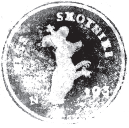 (1862)
Odciski pieczęci urzędowych Skotnik z lat
1862, 1907 i 1939 oraz odcisk pieczęci
dominium skotnickiego z 1845 roku
(Archiwum Narodowe w Krakowie,
sygn. 29/198/11, nlb.;
sygn. 29/206/327, nlb.; Archiwum
Opactwa Benedyktynów w Tyńcu,
sygn. 5/1/4/7; sygn. 5/2/6/1)