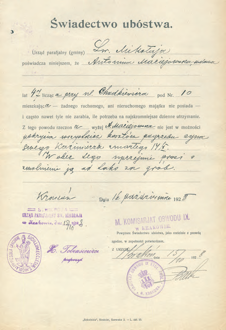 Z akt cmentarzy krakowskich świadectwo ubóstwa wystawione w 1928 r.
i poświadczone przez komisarza Emiliana Batkę
(Archiwum Narodowe w Krakowie, sygn. Cm 611, s. 251)