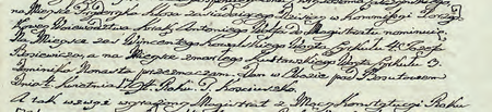 Z protokołów sesji magistrackich z lat 1792–1794 fragment tekstu rozporządzenia wydanego
przez naczelnika Tadeusza Kościuszkę w Bosutowie 24 kwietnia 1794 r. –
w reprodukowanych wierszach nominacja Dominika Nunasta na urząd wójta Cyrkułu III
(Archiwum Narodowe w Krakowie, sygn. rkps 1265, s. 119)