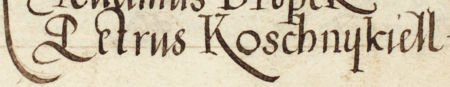 Z księgi radzieckiej Kleparza obejmującej lata 1573–1578: fragment wpisu z 1574 roku dokumentującego
wybór rady urzędującej, z rajcą-burmistrzem Piotrem Kosznikielem w składzie – oraz zbliżenie zapisu imienia
(Archiwum Narodowe w Krakowie, sygn. KL 28, s. 34)