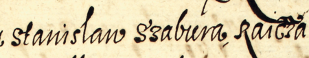 Z księgi ławniczej Kleparza obejmującej lata 1605–1615: początkowy fragment wpisu z 1615 roku
dotyczącego wizji lokalnej na pogorzelisku domu rajcy Stanisława Szabury – oraz zbliżenie zapisu imienia i urzędu
(Archiwum Narodowe w Krakowie, sygn. KL 6, s. 837v)
