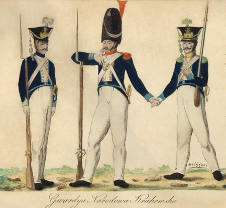 (087) Gwardya Narodowa Krakowska – niedatowany, niesygnowany rysunek z tzw. Tek Grabowskiego. Gwardia ta to istniejąca w latach 1810–1813
formacja paramilitarna, ochotnicza, złożona z obywateli Krakowa (kupców, rękodzielników), mająca zapewniać zewnętrzne i wewnętrzne bezpieczeństwo
w mieście, będącym już wówczas w granicach Księstwa Warszawskiego. Umundurowanie w barwach biało-niebieskich. Zwracają uwagę duże, blaszane
emblematy w kształcie herbu miasta na filcowych czapkach rogatych (ANK, sygn. E 70, s. 1089)