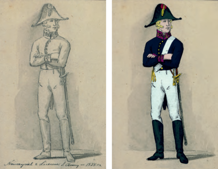 Z Tek Ambrożego Grabowskiego rysunek ołówkiem z 1828 r. Nauczyciel z liceum oraz na podkładzie tego rysunku próba
rekonstrukcji munduru urzędniczego wójta gminy miejskiej – podstawowy krój i kolorystyka wszystkich mundurów cywilnych
w Wolnym Mieście Krakowie, od mundurów obywateli po mundury senatorskie, były jednolite, różnice uwidaczniały się
w szczegółach dodatków i wyróżników, co ukazano tutaj zgodnie z przedstawioną wcześniej regulacją prawną z 1818 r.
(rysunek ołówkiem: Archiwum Narodowe w Krakowie, sygn. E 142, k. 319;
rekonstrukcja własna, grafika komputerowa Bartosz Marjankowski)