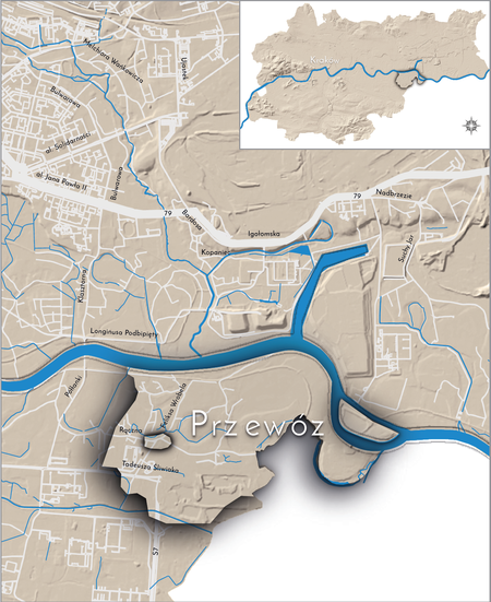 Orientacyjna lokalizacja dawnej wsi Przewóz w obecnych granicach Krakowa – na planie miasta oznaczono
jej położenie w kształcie wyznaczonym granicami jednostki katastralnej, jaką stanowiła, ze wskazaniem najstarszego,
historycznego centrum Przewozu w rejonie dzisiejszej ulicy Wrobela, w okolicy skrzyżowania z ulicą Rączną