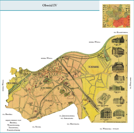Obwód IV według stanu z listopada 1928 r. na przywołanym wcześniej planie miasta z 1934 r. – w granice tej dzielnicy administracyjnej, którą
stanowił Obwód IV, weszły położone – z małym wyjątkiem – po prawej stronie Wisły tereny dzielnic katastralnych IX–Ludwinów, XXI–Płaszów
i XXII–Podgórze. Od strony południowo-zachodniej granica Obwodu IV biegła od rejonu ul. Suchej przez okolice zbiegu ulic Brożka, Wadowickiej,
Tischnera i Zakopiańskiej, po zbieg ul. Brożka z rzeką Wilgą. Zachodnią granicę stanowiła rzeka Wilga, aż po jej ujście do Wisły. Południową
granicę stanowiła rzeka Wisła, jednak niewielki fragment Obwodu, na jego wschodnim krańcu, znajdował się po lewej stronie Wisły, w rejonie
ul. Klasztornej (reminiscencja dawnej zmiany biegu głównego nurtu rzeki na tym obszarze). Od strony wschodniej Obwód IV sięgał rejonu
ul. Półłanki. Linia graniczna na południu biegła w rejonie ul. Kosiarzy, na wysokości ul. Heltmana kierując się na północ, do ulic Jerozolimskiej
i Abrahama, a następnie dalej na wschód do rejonu ul. Suchej. Granice na Wiśle bez jej wschodniego zakończenia oraz na Wildze bez jej
południowego zakończenia były granicami Obwodu wewnątrz miasta, natomiast pozostałe granice były jednocześnie granicami miasta.
Użyte tutaj i przy powyższym planie dzielnicy nazwy terenowe podano według nazewnictwa obowiązującego aktualnie.