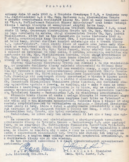 Z dokumentów Zarządu Miejskiego w Krakowie Akta kontroli miejskich urzędów
obwodowych w Krakowie 1946–1950 protokół dotyczący przechowywania kluczy
od kasy sporządzony w 1950 r. przy udziale p.o. kierownika Mariana Pary
(Archiwum Narodowe w Krakowie, sygn. 29-699-683, nlb)