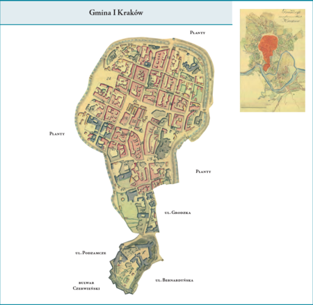 Gmina I Kraków według stanu z końca roku 1815 na przywołanym wcześniej planie miasta z ok. 1817 r. – przebieg granic
jak w okresie poprzednim, jednak z jedną istotną zmianą. Otóż według Adama Chmiela (Chmiel rkps, R. 5) w okresie
przynależności Krakowa do Księstwa Warszawskiego wbrew dotychczasowym rozwiązaniom wydzielono południowo-wschodni
fragment terenu dzielnicy centralnej, „śródmiejskiej” i włączono go do dzielnicy–gminy kazimiersko-stradomskiej (chodzi
o południowy odcinek ul. Grodzkiej i obszar na wschód od niego). Pomimo intensywnej kwerendy nie dotarto do dokumentów
zawierających ślady tej operacji. Przekaz Adama Chmiela jest zbyt ważny, aby go pominąć, jednocześnie brak bliższych danych
co do tej kwestii. W tej sytuacji w okresie poprzednim, dla roku 1811, przyjęto stan bez tej zmiany dotyczącej ul. Grodzkiej,
natomiast dopuszczono jej zaistnienie w dalszych latach, stąd dla roku 1815 – tu prezentowanego – zmianę tę uwzględniono.
Użyte przy powyższym planie dzielnicy nazwy terenowe podano według nazewnictwa obowiązującego aktualnie.