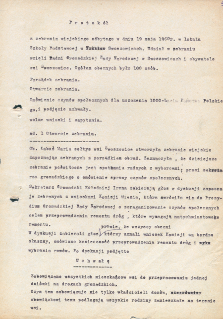 Protokół z zebrania wiejskiego z 1960 roku; w końcowym fragmencie elementy ówczesnej definicji pojęcia „czyn społeczny”
(Archiwum Narodowe w Krakowie, sygn. 29/1108/129, nlb.)
