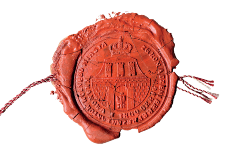 (348) Odcisk w laku pieczęci Zgromadzenia Reprezentantów Wolnego Miasta Krakowa z lat 1816–1844. Zgromadzenie to, zwane też Izbą Reprezentantów,
było organem przedstawicielskim równoważnym radzie miejskiej, lecz o szerszym zakresie właściwości terytorialnej, obejmującym nie tylko miasto,
lecz też jego okręg, czyli całe ówczesne terytorium państwa-miasta Wolnego Miasta Krakowa, nazywanego też Rzecząpospolitą Krakowską. Średnica
pieczęci 45 mm, w otoku napis: ZGROMADZENIE REPREZENTANTOW WOLNEGO MIASTA KRAKOWA I IEGO OKREGU.
Tu odcisk tej pieczęci z dokumentu wydanego w 1817 r. (ANK, sygn. W-IV, s. 125)