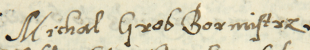 Z księgi radzieckiej Kazimierza obejmującej lata 1580–1583: początkowy fragment z wpisem z roku 1581
zawierającym ogłoszenie statutu cechu karczmarzy; na czele listy rajców urzędujących i starych zatwierdzających
ten statut stoi Michał Grob, ówczesny burmistrz kazimierski – oraz zbliżenie zapisu imienia i funkcji
(Archiwum Narodowe w Krakowie, sygn. K 19, s. 347)