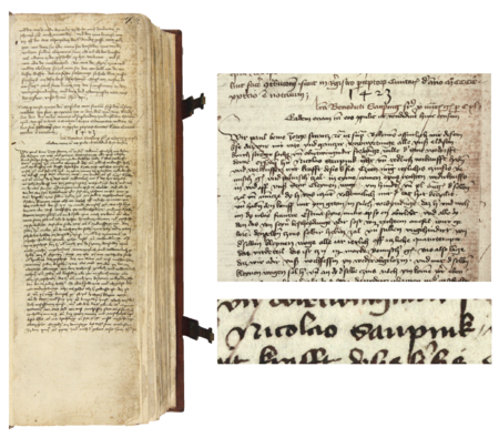 Z księgi sprzedaży czynszów miejskich, zawierającej wpisy z lat 1412–1548 strona 17 z wpisem z 1423 roku,
dotyczącym zakupu przez Mikołaja Zaupnika miejskiego czynszu z prawem odkupu – oraz powiększenie zapisu imienia
(Archiwum Państwowe w Krakowie, sygn. rkps 1358, s. 17)