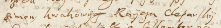 Z księgi protokołów sądu wójtowskiego jurydyki Biskupie obejmującej lata 1615–1629:
fragment wpisu z 1625 roku dotyczącego sprawy Jakuba Ocziessy, mieszkańca jurydyki Biskupie, późniejszego wójta
tamtego gruntu, który naszedł dom Szymona Kwakowicza, „czyniąc gwałt” – oraz zbliżenie zapisu imienia i urzędu
(Archiwum Narodowe w Krakowie, sygn. Jur. I-20, s. 131v)