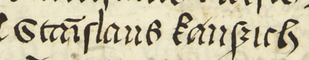 Z księgi radzieckiej Kazimierza obejmującej lata 1481–1508: wpis rajców nominowanych
do rady urzędującej na rok 1492 rok, ze Stanisławem Kaszichem w składzie – oraz zbliżenie zapisu imienia
(Archiwum Narodowe w Krakowie, sygn. K 7, s. 215)