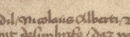 Dokument wydany w 1427 roku w Krakowie, w którym sąd ławniczy krakowski,
w składzie którego zasiadał Mikołaj Alberti, stwierdza zeznanie Jana Armenie i jego brata Lenharda w sprawie własności
muru ciągnącego się od tyłu za domem altarystów kościoła Mariackiego w Krakowie – oraz powiększenie zapisu imienia
(Archiwum Bazyliki Mariackiej w Krakowie, sygn. 18)