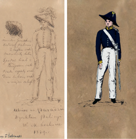 Ubiór paradny Dyrektora Policyi W. M. Krakowa 1839 – rysunek ołówkiem Teofila Żebrawskiego oraz na podkładzie tego rysunku
próba rekonstrukcji galowego munduru urzędniczego komisarza cyrkułowego w stopniu służbowym komisarza drugiej rangi, zgodnie
z ustaleniami źródłowymi przedstawionymi wyżej, właściwymi dla roku 1839 (rysunek ołówkiem: Archiwum Narodowe w Krakowie,
sygn. 29/671/145; rekonstrukcja własna, grafika komputerowa Bartosz Marjankowski)