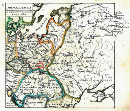 Mapa nr 4
Terytorium ziemi krakowskiej na mapie przedstawiającej państwo polskie u progu rozbicia dzielnicowego
(połowa XII wieku) – w świetle testamentu Bolesława Krzywoustego wraz z rokiem 1138 ziemia krakowska weszła w skład
Księstwa Krakowskiego w randze dzielnicy senioralnej