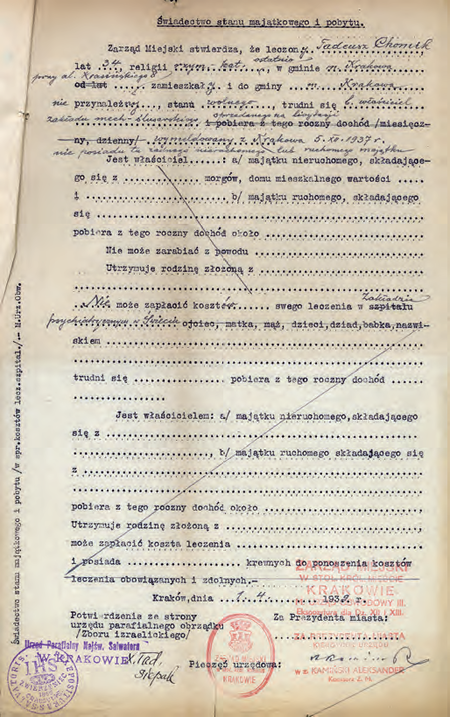 Z akt magistrackich dotyczących przynależności świadectwo stanu majątkowego
i pobytu wystawione w 1939 r. przez zastępcę kierownika Aleksandra Kamińskiego
(Archiwum Narodowe w Krakowie, sygn. Kr 5249, nlb)
