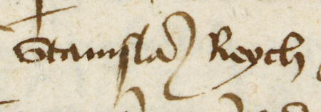 Z księgi radzieckiej obejmującej lata 1450–1483 fragment strony 496 z wpisem z 1473 roku,
dotyczącym rozsądzenia przez arbitrów, rajców Stanisława Langa (nr 255) i Pawła Newburgera (nr 253),
oraz Piotra Hyrscha, zwanego Głową, mieszczanina krakowskiego, spór pomiędzy rajcą Stanisławem Reichem
a Magdaleną, wdową po Jerzym Morsztynie, teściową tegoż Reicha – oraz powiększenie zapisu imienia
(Archiwum Państwowe w Krakowie, sygn. rkps 429, s. 496)