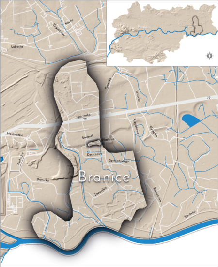 Orientacyjna lokalizacja dawnej wsi Branice w obecnych granicach Krakowa – na planie miasta
oznaczono jej położenie w kształcie wyznaczonym granicami jednostki katastralnej, jaką stanowiła,
ze wskazaniem najstarszego, historycznego centrum Branic w rejonie dzisiejszej ulicy Plastusia