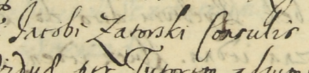 Z księgi inwentarzy mieszczan kazimierskich obejmującej lata 1618–1647: początkowy fragment
spisu inwentarza po zmarłym Jakubie Zatorskim, sporządzonego w 1632 roku – oraz zbliżenie zapisu imienia i urzędu
(Archiwum Narodowe w Krakowie, sygn. K 448, s. 96)