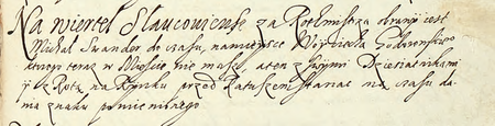 Z księgi radzieckiej zawierającej uchwały z lat 1538–1643 dotyczące organizacji życia publicznego miasta fragment wpisu
z 1627 r., gdzie mowa o 4 kwartałach w mieście i ustanowieniu przez radę miejską Wojciecha Godorowskiego rotmistrzem
Kwartału Sławkowskiego (Archiwum Narodowe w Krakowie, sygn. rkps 1213, s. 381)