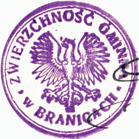 (1927)
Odciski pieczęci urzędowych Branic
z lat 1860, 1906, 1927 i 1949
(Archiwum Narodowe w Krakowie,
sygn. 29/456/195, nlb.; sygn. PUZKr 45,
s. 28; sygn. 29/205/69a, nlb.;
sygn. Gm. Ru. 13, s. 533)