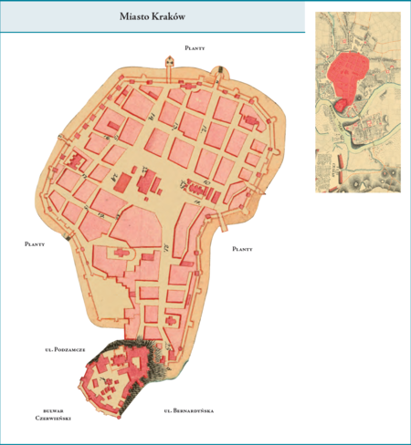 Miasto Kraków – dzielnica śródmiejska obejmująca tzw. „miasto w obrębie murów” wraz ze wzgórzem wawelskim
i Zamkiem według stanu z roku 1802 na przywołanym wcześniej planie miasta z 1792 r. Użyte przy powyższym
planie dzielnicy nazwy terenowe podano według nazewnictwa obowiązującego aktualnie.