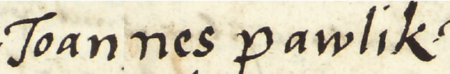 Z księgi radzieckiej Kazimierza obejmującej lata 1551–1557: fragment wpisu dokumentującego
wybór rady urzędującej na rok 1554, z Janem Pawlikiem w składzie – zbliżenie zapisu imienia
(Archiwum Narodowe w Krakowie, sygn. K 12, s. 440)