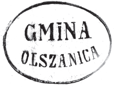 (1858)
Odciski pieczęci urzędowych Olszanicy
z lat 1847, 1858, 1925, 1941
(Archiwum Narodowe w Krakowie,
sygn. WM 563a, nlb.; sygn. T.Schn. 1176,
s. 409; sygn. PUZKr 54, nlb.;
sygn. 29/219/15, nlb.)