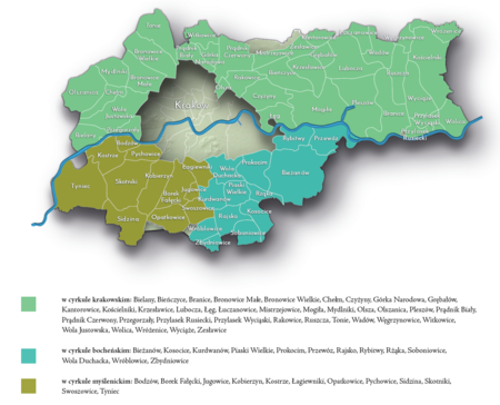Na planie obrazującym dzisiejsze granice Krakowa miejscowości przyłączone do Krakowa po 1915 roku,
oznaczone kolorami określającymi ich przynależność do cyrkułów na terenach pod zaborem austriackim
w monarchii habsburskiej, od 1804 roku cesarstwie austriackim, w latach 1796–1809