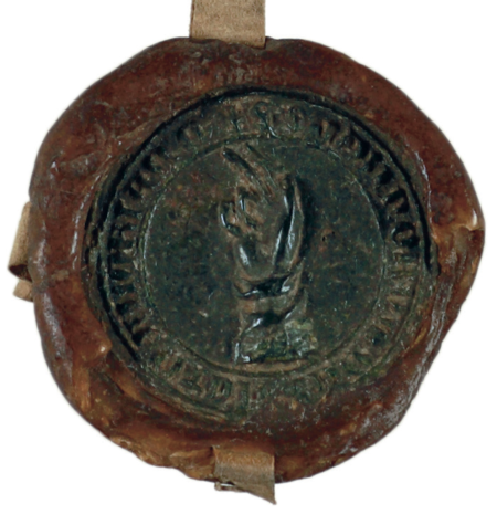 Odcisk najstarszej ze znanych pieczęci miasta Kazimierza –
pieczęci ławniczej z dokumentu wystawionego w 1442 roku; w polu
pieczętnym część ręki z dłonią uniesioną ku górze, z trzema placami
wyprostowanymi, co interpretowano jako nawiązanie do relikwii
św. Floriana, jako symbol błogosławieństwa albo jako gest podczas składania
przysięgi przed ławą miejską. W otoku napis: S[IGILLVM]
SCABINORVM DE SANCTO FLORIANO – PIECZĘĆ
ŁAWNIKÓW ŚWIĘTEGO FLORIANA, zatem użyto tu nazwy
miasta stosowanej ówcześnie równolegle z nazwą „Florencja”
(Archiwum Uniwersytetu Jagiellońskiego, dok. perg. 100)