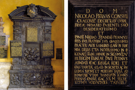 Pomnik nagrobny Pernusów w kruchcie kościoła Mariackiego postawiony w latach 1678–1680
oraz zbliżenie epitafium Mikołaja Pernusa i jego synów Daniela, Mikołaja i Stanisława, zmarłych przed 1678 rokiem.
Fundatorem epitafium był czwarty syn Mikołaja Pernusa, Jan (nr 530)