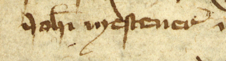 Z księgi ławniczej obejmującej lata 1365–1376 strony 80–81 z wpisem z 1368 roku, stwierdzającym, że Piotr Swarcze sprzedał
swój dom położony z tyłu kramu, obok domu Mikołaja Nirchina, Janowi Mestnerowi – oraz powiększenie zapisu imienia
(Archiwum Państwowe w Krakowie, sygn. rkps 2, s. 80–81)
