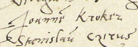 Z księgi radzieckiej obejmującej lata 1549–1552 strony 776–777 z wykazem rajców urzędujących
nominowanych na rok 1552, wśród których znajduje się Jan Krokier – oraz powiększenie zapisu imienia
(Archiwum Państwowe w Krakowie, sygn. rkps 442, s. 776–777)