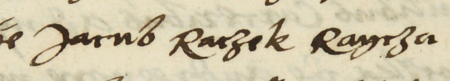 Z księgi radzieckiej Kleparza obejmującej lata 1554–1558: początkowy fragment wpisu z 1557 roku
dotyczącego ugody zawartej z udziałem Jakuba Raczka, rajcy kleparskiego, występującego tu w roli sędziego polubownego –
oraz zbliżenie zapisu imienia i urzędu (Archiwum Narodowe w Krakowie, sygn. KL 25, s. 518)