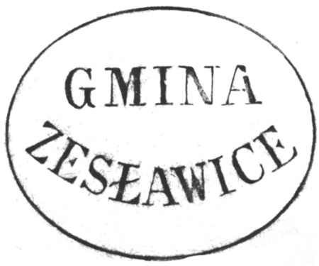 (1868)
Odciski wspólnej pieczęci Zesławic, Dłubni
i Kantorowic z 1836 roku, pieczęci urzędowych
Zesławic z lat 1868 i 1937 oraz
odcisk pieczęci przełożonego klasztoru Cystersów
mogilskich z 1831 roku stosowanej
w sprawach właścicielskich wsi należących
do klasztoru
(Archiwum Narodowe w Krakowie,
sygn. WMK IX-38, nlb.;
sygn. WMK XIV-80, s. 2279;
sygn. K. Krak. 754, k. I;
sygn. WMK IX-31, nlb.)