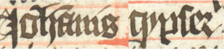 Z księgi radzieckiej Kazimierza obejmującej lata 1402–1416: wpis dokumentującego
wybór rajców na rok 1405, z Janem Czipserem w składzie – oraz zbliżenie zapisu imienia
(Biblioteka Jagiellońska, sygn. rkps 1045/1, k. 93)