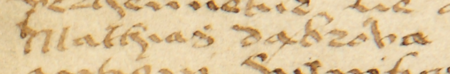 Fragment dokumentu wydanego w 1533 roku w Kleparzu, mocą którego rajcy kleparscy urzędujący, wśród nich Maciej
Dąbrowa, oraz rajcy starzy zatwierdzili postanowienia statutu cechu krawców kleparskich – oraz zbliżenie zapisu imienia
(Archiwum Narodowe w Krakowie, sygn. perg. 1130)