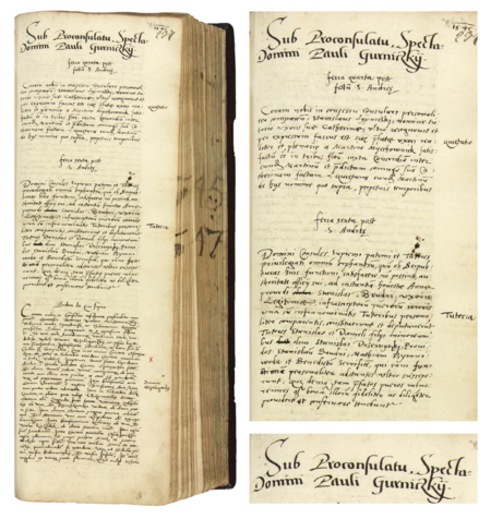 Z księgi radzieckiej obejmującej lata 1545–1547 strona 237 z tytułem otwierającym wpisy spraw
za kadencji burmistrzowskiej Pawła Kurnickiego w 1545 roku – oraz powiększenie zapisu imienia i funkcji burmistrza
(Archiwum Państwowe w Krakowie, sygn. rkps 440, s. 237)
