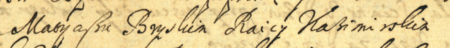 Z fascykułu zawierającego inwentarze rzeczy ruchomych i nieruchomych mieszczan kazimierskich z lat 1595–1791: początkowy
fragment sporządzonego w 1660 roku przez Annę, wdowę po Macieju Bryskim, rejestru wydatków na remont
i utrzymanie kamienicy zmarłego rajcy, położonej przy ul. Żydowskiej, poniesionych w latach 1654–1659 – zbliżenie zapisu
imienia i urzędu (Archiwum Narodowe w Krakowie, sygn. K 449, s. 51)