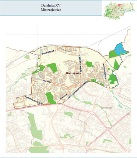 Dzielnica XV Mistrzejowice według stanu z 2017 r. na przywołanym wcześniej planie miasta z tego samego roku – dzielnica samorządowa
o powierzchni 5,59 km² (udział 1,71% w całej powierzchni miasta), położona na terenach historycznych jednostek katastralnych:
Mistrzejowice i Batowice, po części także Prądnik Czerwony (vide plan na s. 239).
Opis przebiegu granic tej dzielnicy podano na następnej stronie.