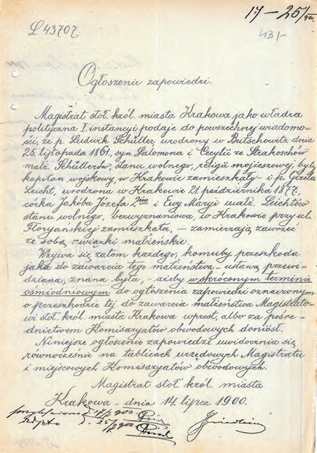 Z akt ślubów cywilnych 1896–1910 ogłoszenie zapowiedzi z roku 1900, gdzie na dole adnotacja o wywieszeniu
i zdjęciu ogłoszenia z tablicy ogłoszeń wraz z terminami dokonania tych czynności – przy adnotacji podpis
p.o. komisarza Franciszka Górskiego
(Archiwum Narodowe w Krakowie, sygn. Kr 2458, s. 431)