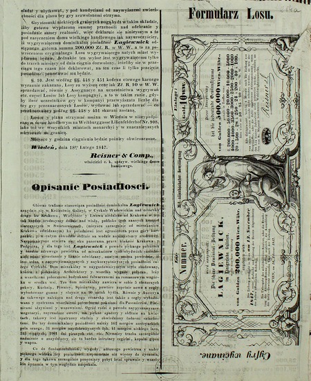 oraz pozostałości zobowiązań pańszczyźnianych, niedługo likwidowanych, lecz za odszkodowaniem (w roku 313 dni ciągłych, czyli
sprzężajnych, i 1961 dni pieszych). Zwycięzca tej głównej nagrody mógł ją zamienić na gotówkę w wysokości 200 000 złotych
reńskich waluty wiedeńskiej. U góry pierwszej strony widoczny autograf badacza dziejów Krakowa Ambrożego Grabowskiego
(Archiwum Narodowe w Krakowie, sygn. Zb. Grab. E 58, s. 263–264a)