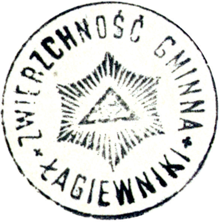 (1901)
Odciski pieczęci urzędowych Łagiewnik z lat
1819, 1843, 1901 i 1934
(CPAHU we Lwowie, sygn. fond 20, opis 8,
sprawa 150; Archiwum Narodowe w Krakowie,
sygn. K. Krak. op. 83, s. 11;
sygn. Kr 7950, nlb.)