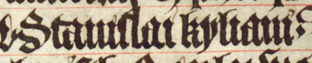 Z księgi radzieckiej Kazimierza obejmującej lata 1402–1416: fragment wpisu
dokumentującego wybór rajców na rok 1410, ze Stanisławem Kilianim w składzie – oraz zbliżenie zapisu imienia
(Biblioteka Jagiellońska, sygn. rkps 1045/1, k. 197)
