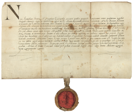 Dokument wydany w 1554 roku w Krakowie, mocą którego krakowscy rajcy Stanisław Straus i Erazm Czeczotka jako lonerowie odpowiedzialni
za mienie miejskie sprzedają Stanisławowi Dudkowi pusty plac leżący poza bramą Szewską, na Kawiorach, w miejscu dawnego
cmentarza żydowskiego, a należący do miasta Krakowa (Archiwum Narodowe w Krakowie, sygn. perg. 594)