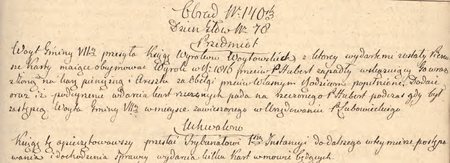Z sentencjonarza obrad Senatu Rządzącego Wolnego Miasta Krakowa wpis z 1822 r.
dotyczący b. wójta Jana Huberta
(Archiwum Narodowe w Krakowie, sygn. WMK IV-9, s. 45)